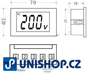 Panelový voltmetr LCD MP 600V= 70x40x40mm,napájení 6 - 12 V=