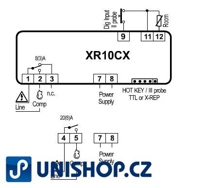 Panelový termostat Dixell XR10CX 5N0C1 s napájením 230V a 20A relé