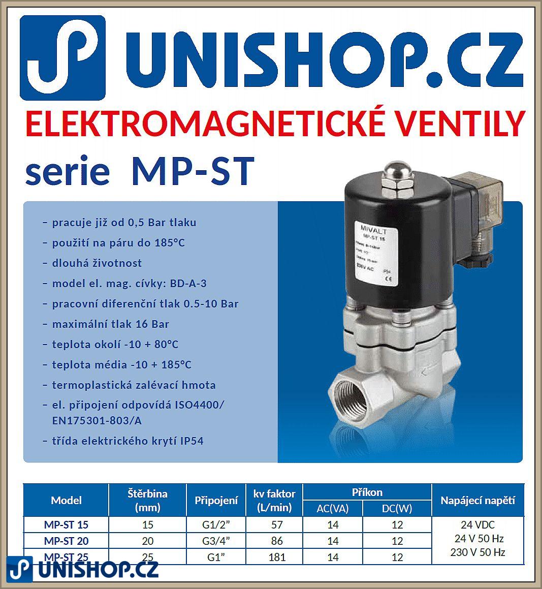 Ventil parní MP-ST15, NC, 1/2", 230V AC, dvoucestný nerezový, (0,5-10bar)