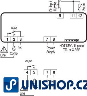 Panelový termostat Dixell XR20CH 5R0C1 s napájením 230V, 20A relé a modrým displejem