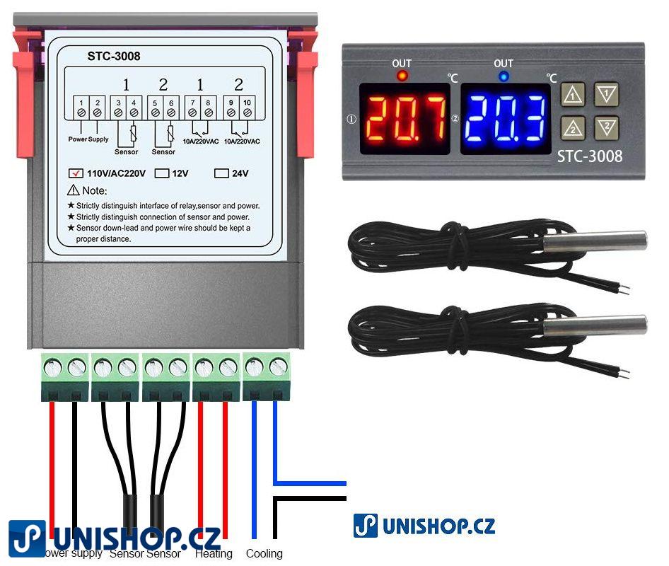 Duální digitální termostat STC-3008 rozsah -55°C~120°C, 230V AC