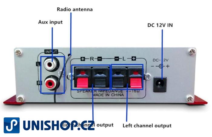 Zesilovač NF, 2x18W s AUX IN, Bluetooth, USB, SD kartou a rádiem