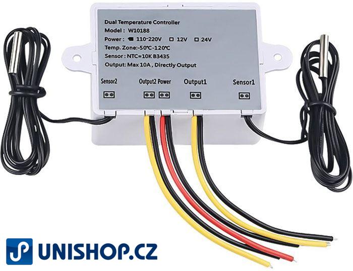 Digitální termostat duální XK-W1088, -50 až +110°C, napájení 12V