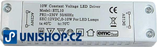 Elektronický transformátor pro LED osvětlení - 12V/10W ET-10 pro LED
